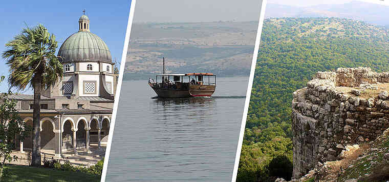[Translate to Français:] Mt. of Beatitudes, Banias (Caesarea Phillippi), Golan Heights Capernaum, and Boat ride on the Sea of Galilee.