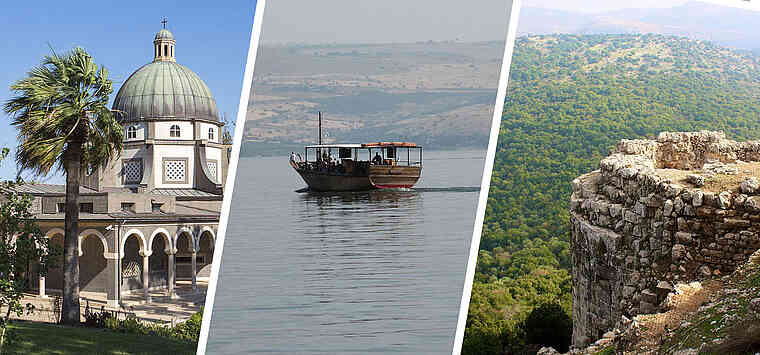 [Translate to Čeština:] Mt. of Beatitudes, Banias (Caesarea Phillippi), Golan Heights Capernaum, and Boat ride on the Sea of Galilee.