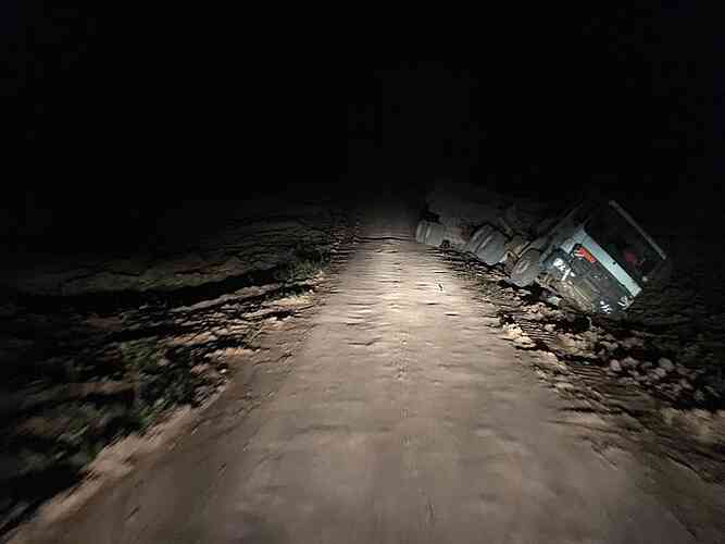 Stranded truck shows what happens when this road gets wet