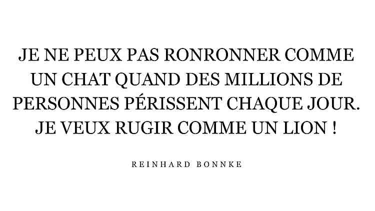 Je ne peux pas ronronner comme un chat quand des millions de personnes périssent chaque jour. Je veux rugir comme un lion ! Je ne peux pas ronronner comme un chat quand des millions de personnes périssent chaque jour. Je veux rugir comme un lion !