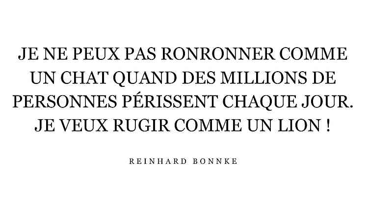 Je ne peux pas ronronner comme un chat quand des millions de personnes périssent chaque jour. Je veux rugir comme un lion ! Je ne peux pas ronronner comme un chat quand des millions de personnes périssent chaque jour. Je veux rugir comme un lion !